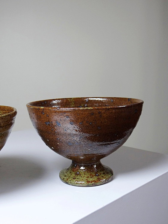 Image 1 of Pair of vintage pyrity stoneware footed bowls in the Baudat La Borne style from the 60s and 70s
