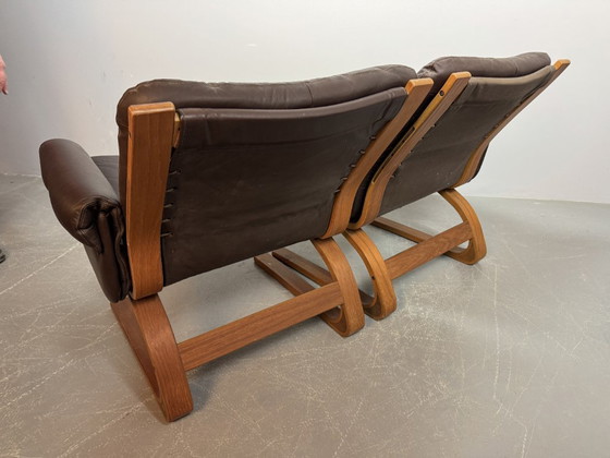Image 1 of Supercomfy Scandinavian Rybo Rykken Chocolate Brown Leather 2-Seater Lounge Sofa by Elsa and Nordahl Solheim, 1960s.