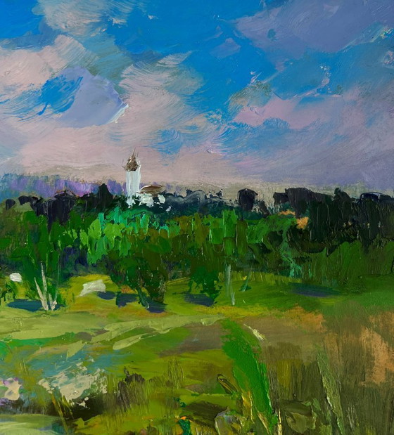 Image 1 of Original Oil Painting Summer River Landscape A girl washes herself at a pond