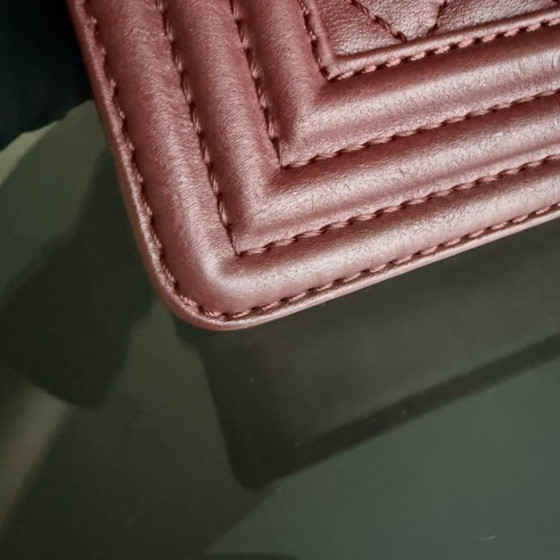 Image 1 of Chanel Boy Medium - 25CM Quilted Limited Edition Paris-Dallas Metal Edge Grained Calfskin Burgundy Silver Hardware Series 19