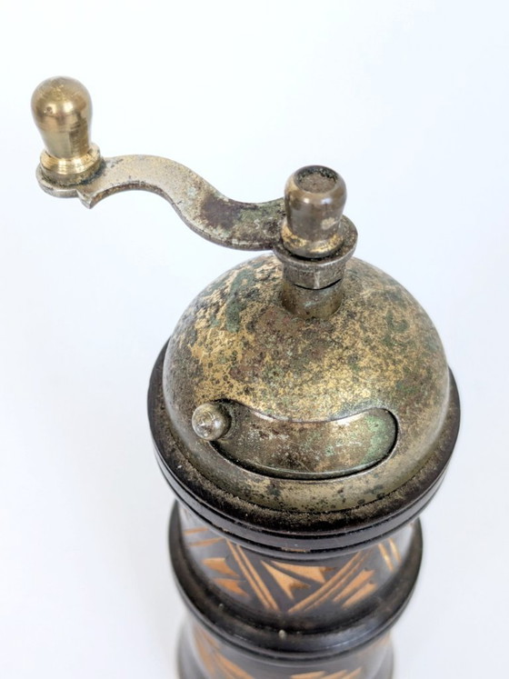 Image 1 of Vintage Folk Art Carved Wooden Pepper Mill Brass Hand Crank Mediterranean Rustic
