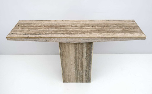 Table console italienne Mid Century en travertin non rempli et incrustation de laiton