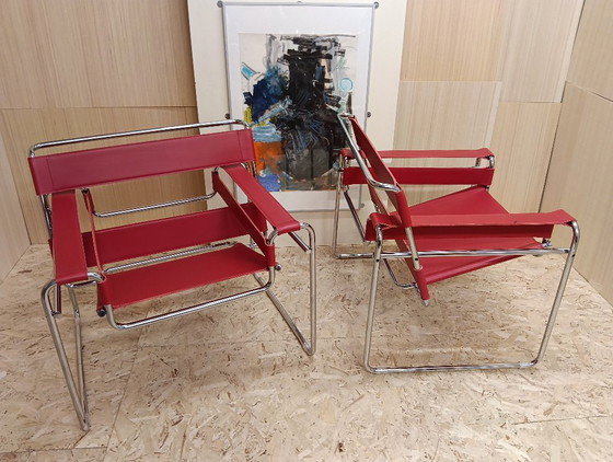 Image 1 of KNOLL Studio Set van 2 WASSILY B3 fauteuils (NIEUW) in rood leer