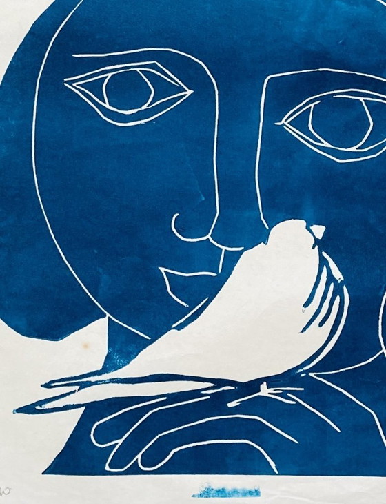 Image 1 of Libbe Venema - Linogravure vintage - Années 1970/80 - Bleu