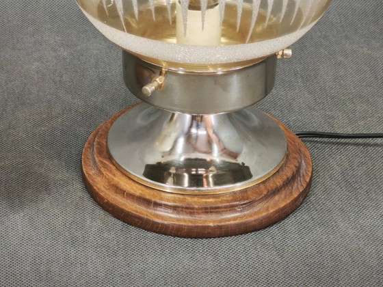 Paar italienischer Tischlampen aus geätztem Glas, Chrom und Holz, 1950er Jahre – Metal (photo 3 of 9)