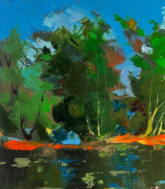 Image 1 of Original Oil Painting Summer River Landscape River carries a boat through silence