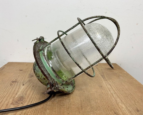 Image 1 of Green Industrial Soviet Bunker Pendant Light with Iron Grid, 1960s