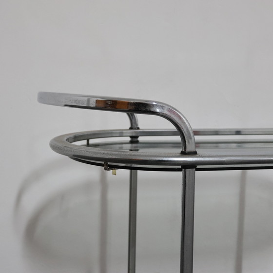 Image 1 of Stalen voedseltrolley met dubbele plank en gerookt glas, ontwerp uit de jaren 70