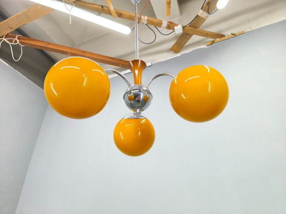 Image 1 of Bauhaus Chandelier with Colored Glass Globes, Czechoslovakia, 1930s