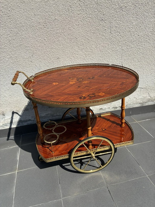 Italiaanse marqueterie en messing serveerwagen, midden 20e eeuw