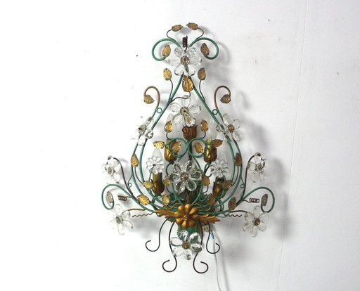 Wandlampe Metall Grün mit Kristalen, 5-flg, 60er, Kögl Stil, Veralux Italien