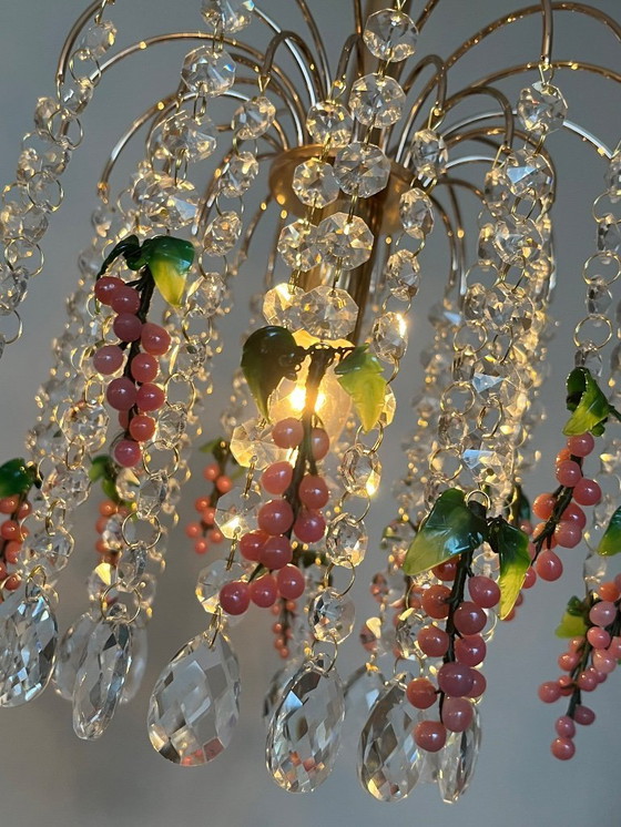 Image 1 of Set of 3 Vintage Pink Grapes Fruit Teardrop Chandelier From Murano