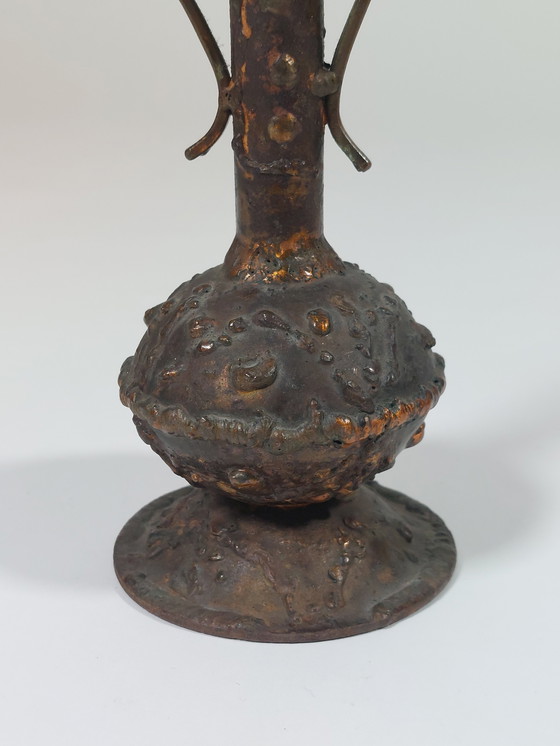Image 1 of Brutalist vintage mid-century copper handled vase, vase melts