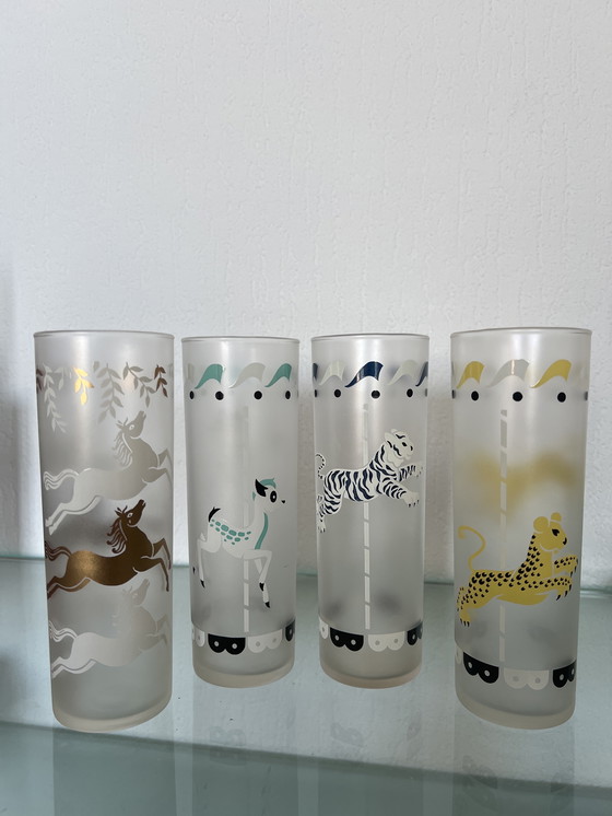 Image 1 of Set van 4 vintage Libbey Frosted Carrousel / Cavalcade Collins glazen - Mid Century Modern, jaren 1950 VS