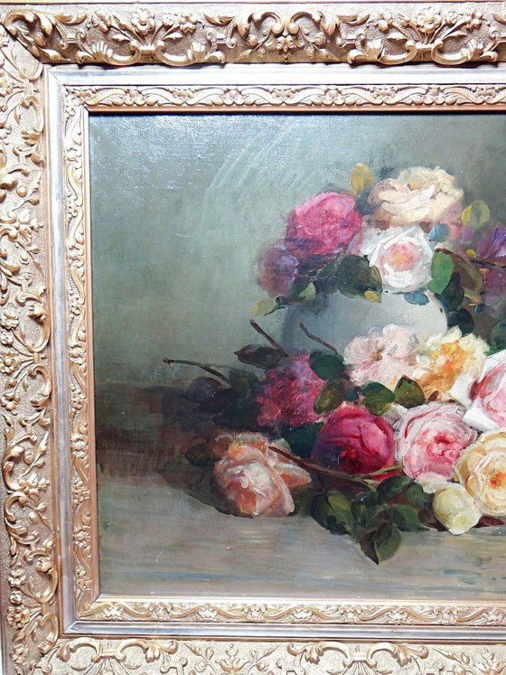 Image 1 of Large antique oil painting on canvas, bouquet of roses, signed, circa 1890-1910