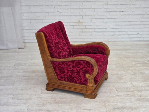 Anni '50, poltrona relax danese, velluto rosso per mobili, legno di quercia.