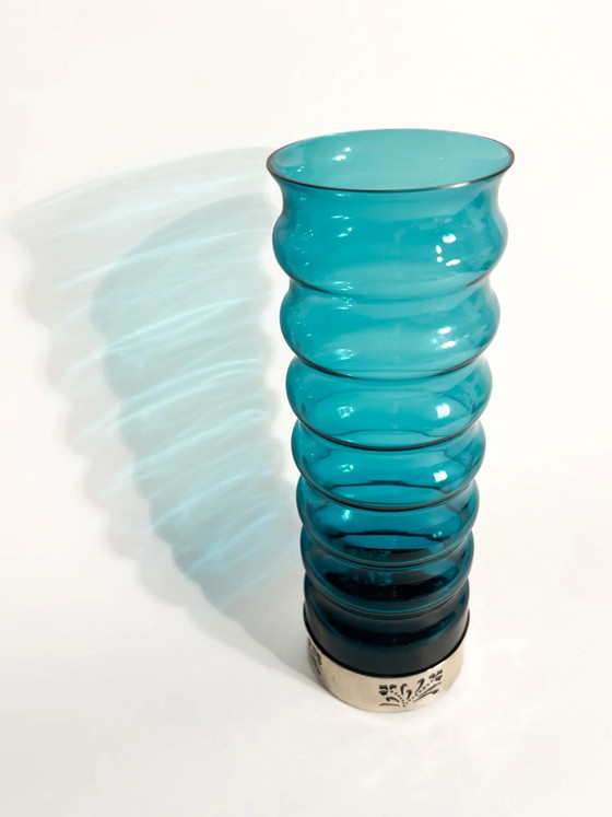 70s Cylindrical Blue Glass and Silver-Plated Metal Vase – Murano Glass (photo 3 of 9)