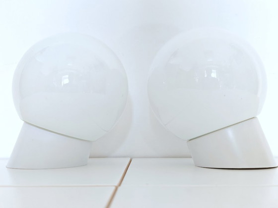 Image 1 of Vintage Wall Lamp / Set of 2 White Opal Globe Sconces/ Ceiling Light / Mid Century / Yugoslavia 1960's / Ceiling Light Cover