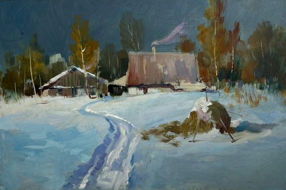 Image 1 of Origineel olieverfschilderij: Winterdorplandschap, comfort tijdens een winternacht.