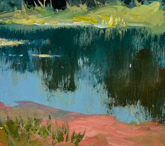 Image 1 of Original Oil Painting Summer River Landscape Reflection of green forest