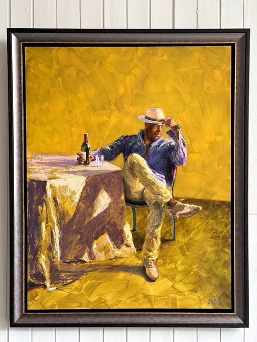 Origineel Olieverf schilderij op paneel met titel "Man met hoed - 1"