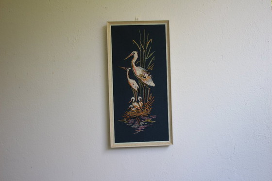 Image 1 of Bild 2 Reiher oder Kraniche im Schilf mit Küken im Nest handgestickt