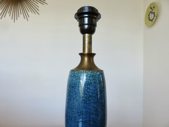 Image 1 of Lamp van blauw en brons craquelékeramiek, Frankrijk