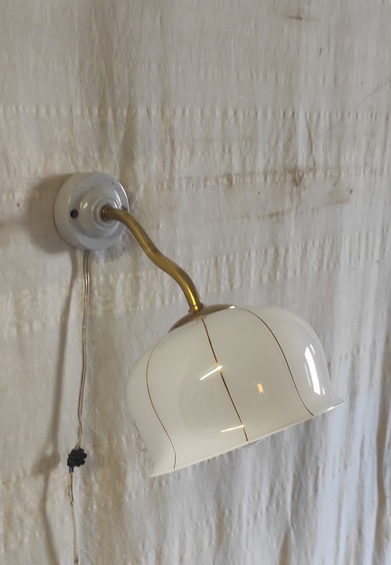 Image 1 of Vintage wall sconce in brass, porcelain and opaline glass - mid-20th century