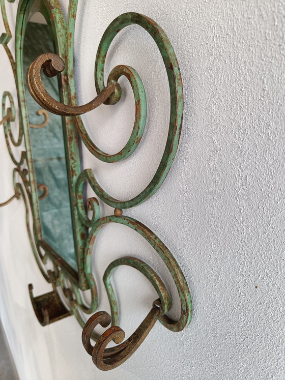 Image 1 of French wrought iron wall mirror coat rack, 1930s–40s, large decorative entry piece