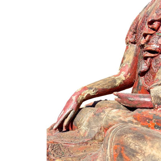 Antique Wooden Buddha Statue from Burma - Large Mandalay Buddha with Mirror Inlay – Sculpture (photo 16 of 18)
