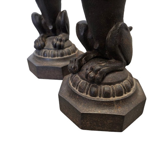 Image 1 of Victorian cast-iron lions on pedestals, late 19th century