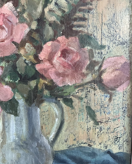Image 1 of Oil Painting Roses in Vase, Signed Akar ?, Mid Century, Gilt Frame