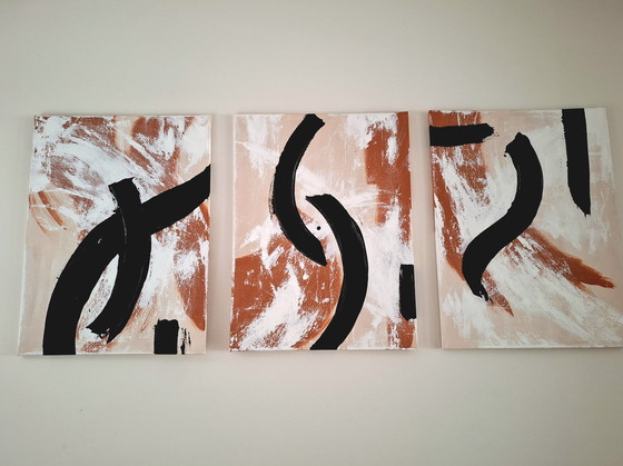 Image 1 of Triptych three paintings japandi terracotta