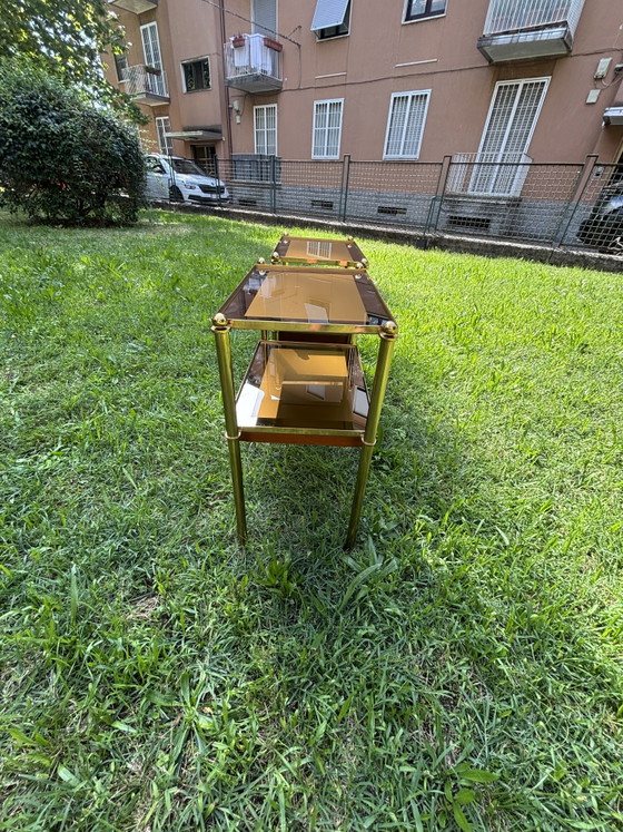 Pair of Italian Brass & Smoked Glass Bedside Tables with Drawers – 1970s – Comodini, Wood (photo 12 of 15)