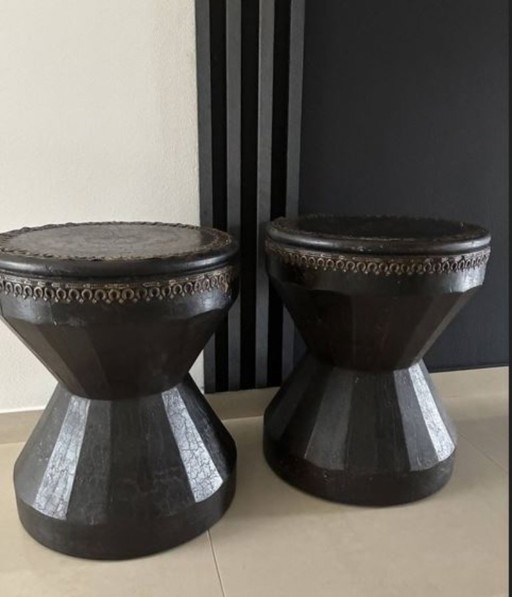 2 tabourets/tables d'appoint uniques en forme de tambour massif – Cuir et cuivre – krukjes, Leather, Copper
