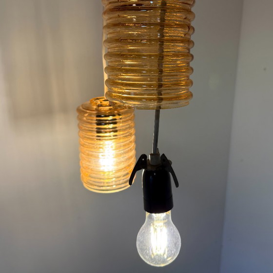 Image 1 of Vintage plafondlamp met twee amberkleurige kappen