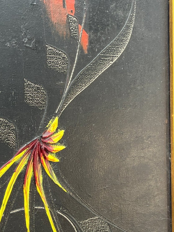 Image 1 of Vintage painting by S. Dewael, 1974, floral composition on a black background