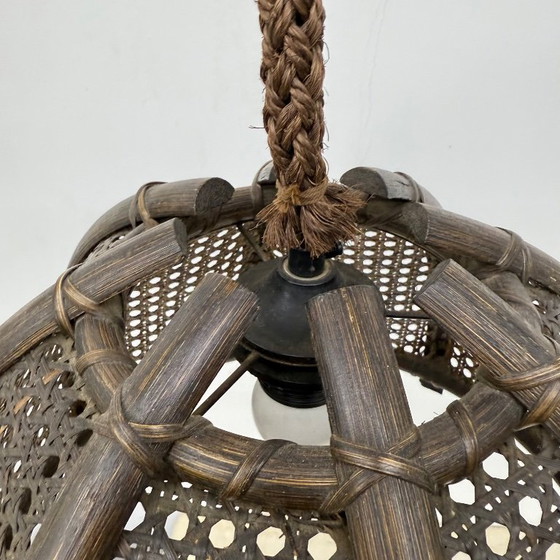 Image 1 of Vintage rattan and webbing hanging lamp 1970s retro