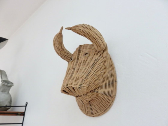 Image 1 of Testa di toro, minotauro, in rattan, decorazione murale vintage, Francia sud-orientale, 1970