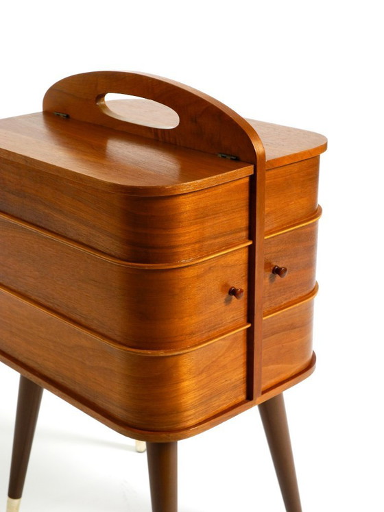 Image 1 of Beautiful original Mid Century sewing box with teak veneer and many compartments