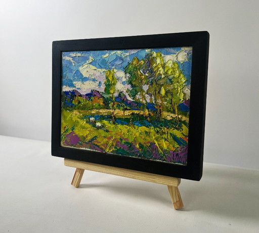 Original Oil Painting Colorful Nature Landscape Echoes of spring and water’s glimmer