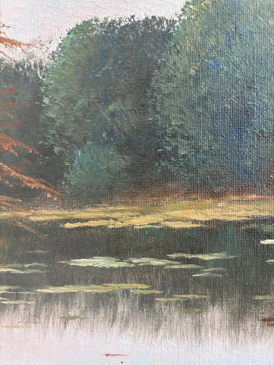 Image 1 of Peinture à l'huile originale vintage représentant un paysage, signée, œuvre d'art de ferme