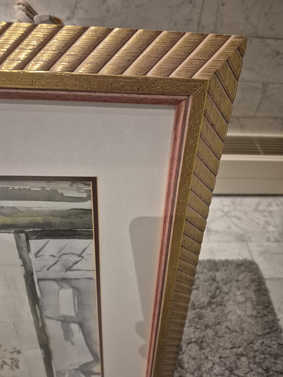 Image 1 of Grande aquarelle romantique signée, dans un magnifique cadre.