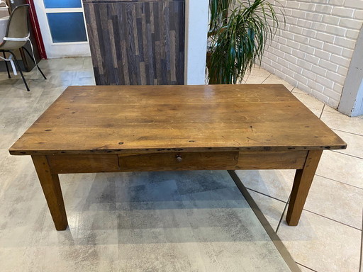 Tavolino rustico da caffè in rovere massello con 1 cassetto, circa 1930