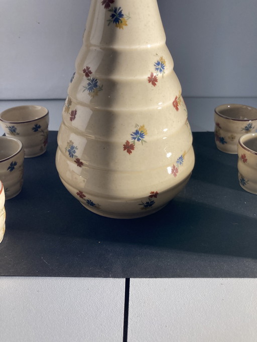 1960s liqueur set: bottle and 6 porcelain glasses