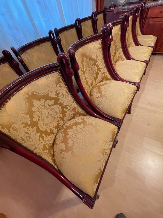 Set di 12 Sedie da Pranzo Stile Impero – Intagli a Collo di Cigno – Textile, Wood (photo 7 of 12)
