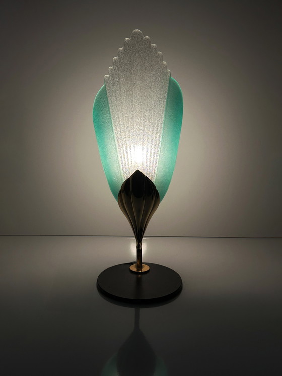 Image 1 of Lot de 2 lampes de table vintage en verre de Murano, style Néfertiti, laiton et métal, style post-moderne, années 80 et 1980, It