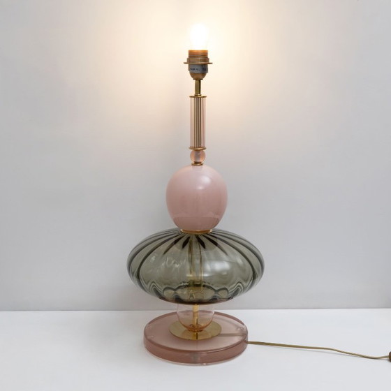 Pair of Geometric Murano Glass Table Lamps in Pink and Green, Sottsass Style (photo 5 of 9)