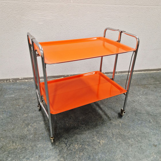Image 1 of Carrello bar vintage, tavolino arancione anni '60/'70, tavolo di servizio