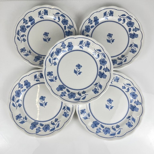 Set aus 5 Nuova Fontebasso Desserttellern, blaues Blumenmuster und gewellter Rand, Italien, 20. Jh.